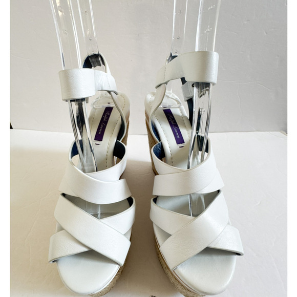 Ralph Lauren Purple Label Erin Espadrille Wedge Platform White Leather 37.5 - Picture 3 of 16